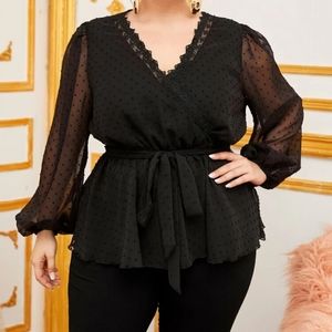 ⚡2/$20⚡1XL Plus Lantern Sleeve Guipure Lace Trim Swiss Dot Belted Top - SHEIN